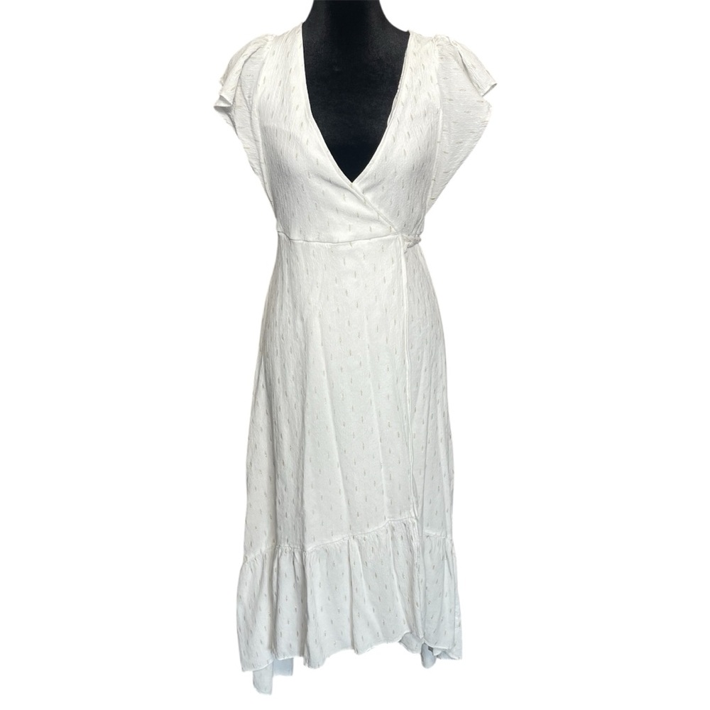 Drew Anthropologie Maggie Wrap Dress white with gold metallic pattern